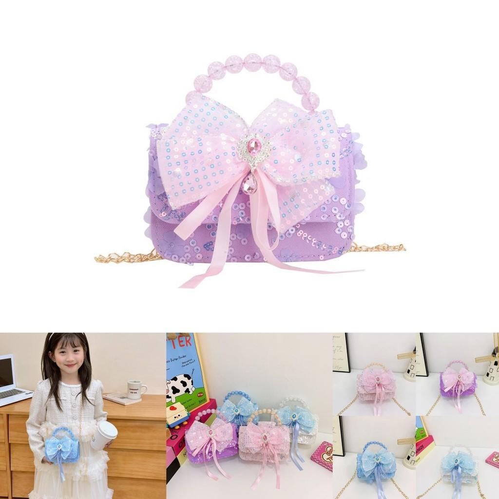 Adorable Pearl Chain Bag For Kids In Pink Purple Blue And White With Fun Bow Pattern