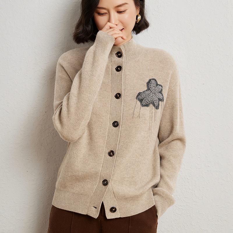 BC Style Cashmere Cardigan: Elegant Autumn/Winter Embroidered Floral Wool Knit Jacket for Women