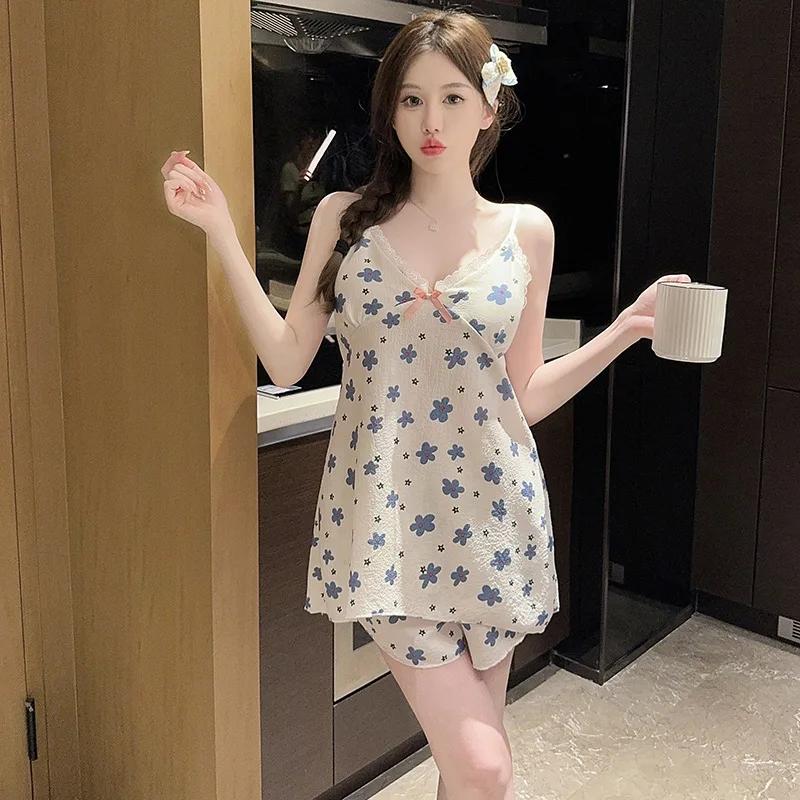 Bring Your Own Chest Pads Women Suspenders Pajamas Lace Sexy Cartoon Print Sleeveless Top Shorts Loungewear Set Women Summer Paj