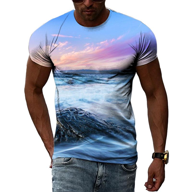 Ocean Wave Pattern T-Shirts Summer Fashion Beach Short Sleeve 3d Printed Top Loose Casual Round neck Holidaywear Mens Tees