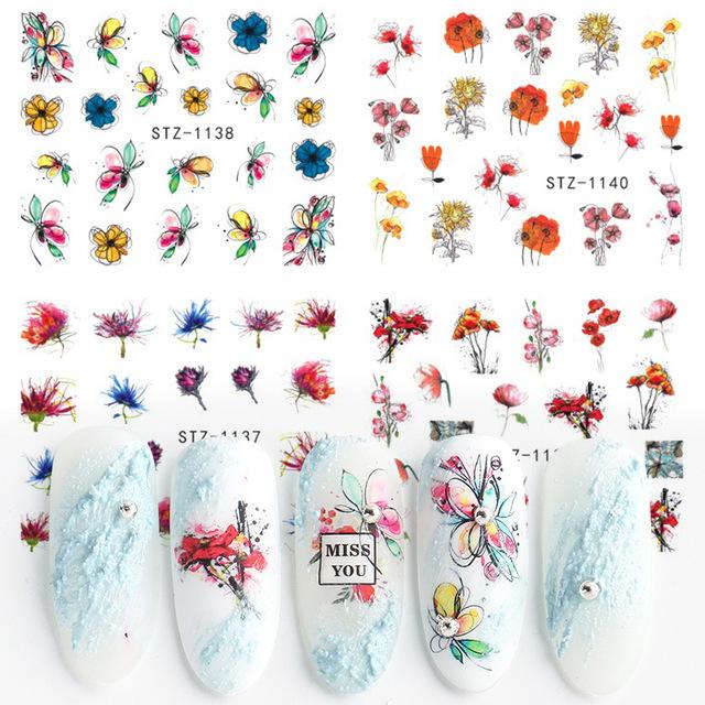 4Pcs Nail Art Slider Black Green Leaves Colorful Flowers Butterfly Spring Summer Nail Simple Designs Nail Art Stickers