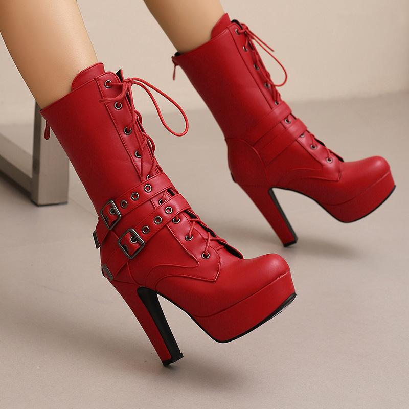 Women's Punk Style Lace-Up Mid-Calf Boot Belt Buckle Platform High Heel Short Boot Women White Round Toe 12cm Square Heel Shoes