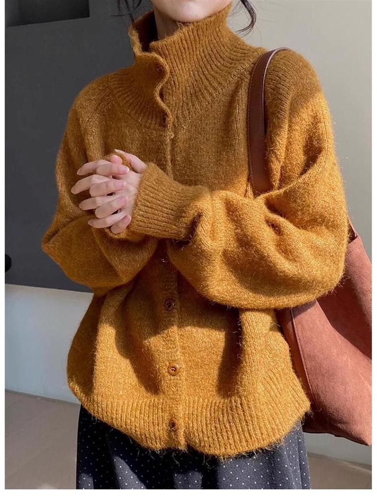 Vintage Röd Halvhög Hals Tröja Kofta för Kvinnor - Mjuk Stickad Höst/Vår Topp