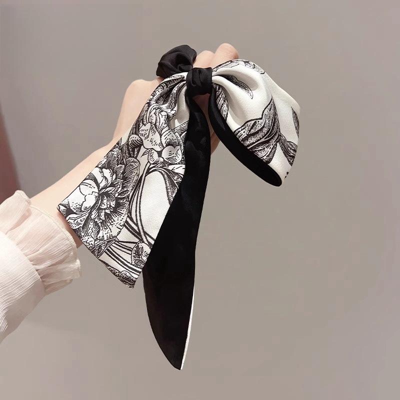 Guochao ink printing hair band French elegant unilateral bow hair rope high elastic ponytail rubber band retro hair accessories