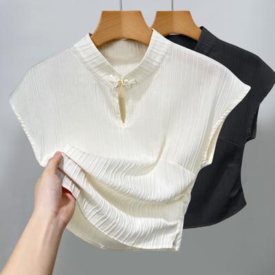 Nueva Camisa China de Gasa Plisada para Mujer Nuevo Estilo Cuello Mao Botones Manga Corta Diseño de Camiseta Nicho Camisa de Gasa
