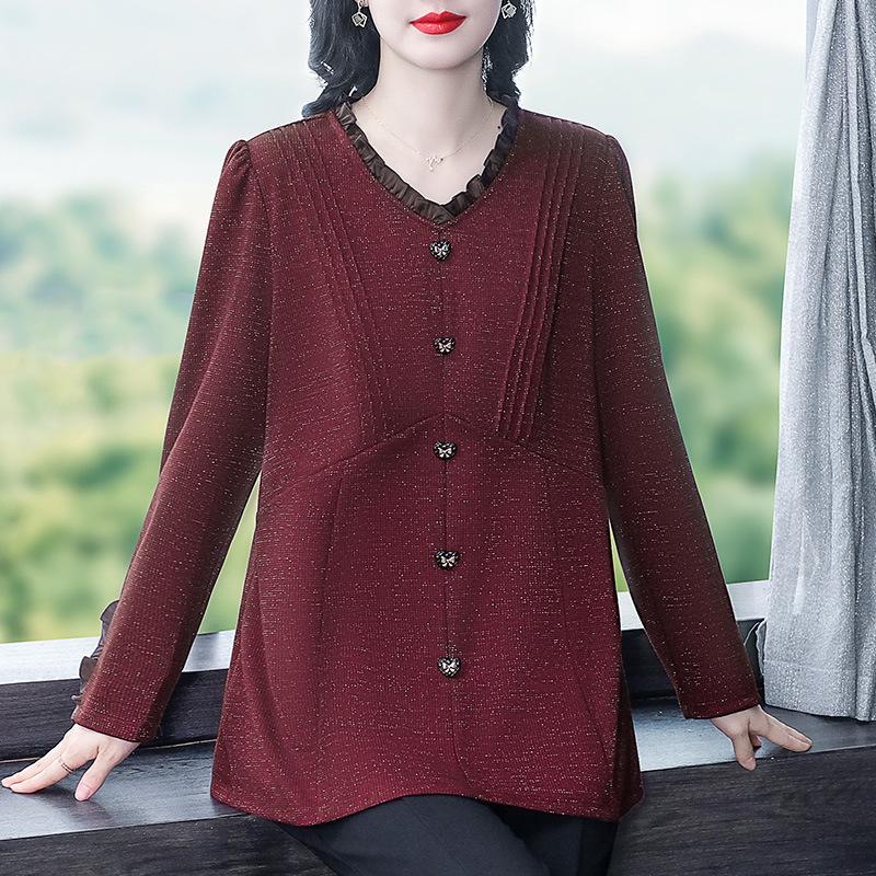 

Весенне-летняя повседневная рубашка с длинным рукавом свободного кроя больших размеров для женщин среднего возраста L for 50-60 kg вино красного