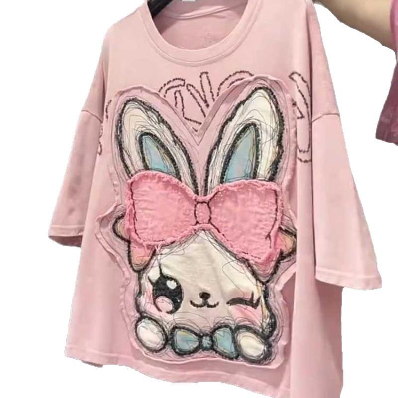 Large Size Heavy Industry Patch Printed Short-sleeved T-shirt Women's Summer New Loose and Thin Meat-covering Versatile Top Tide