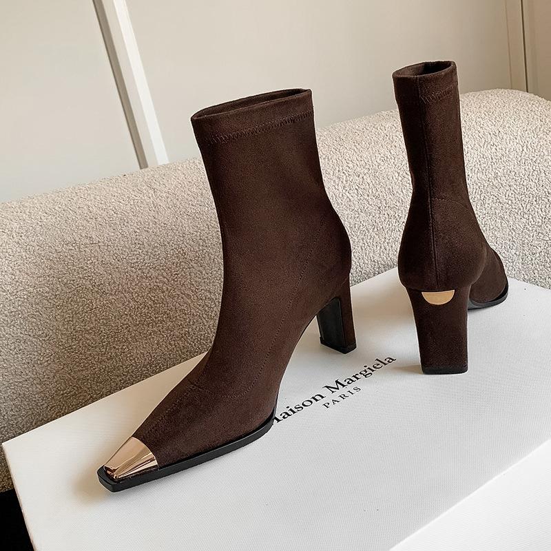 European popular anti-kick iron head short boots British style fashion versatile square head thick heel side zipper elastic thin boots women