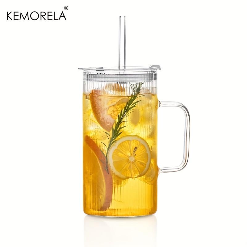KEMORELA 740ML Large Ribbed Glass Tumbler with Handle and Lid Set of 1/2 Clear Glass Cups with Reusable Straws for Iced Coffee