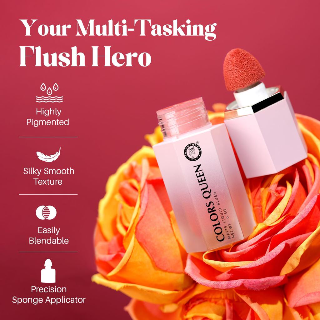 Colors Queen Matte Liquid Blush | Highly Pigmented Liquid Blush | Smooth Texture & Easily Blendable | Long Lasting & Lightweight Blusher for Face, E