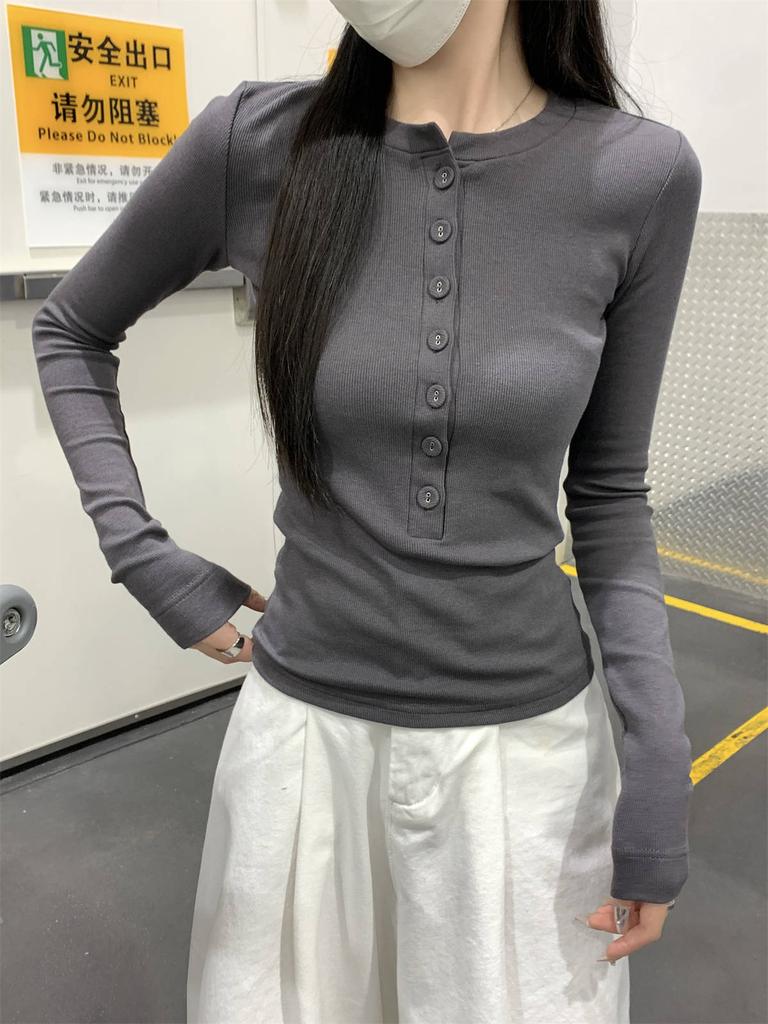 Spring high-end front shoulder long-sleeved shirt women's single-breasted slim-fit Spice Girl style top versatile bottoming shirt