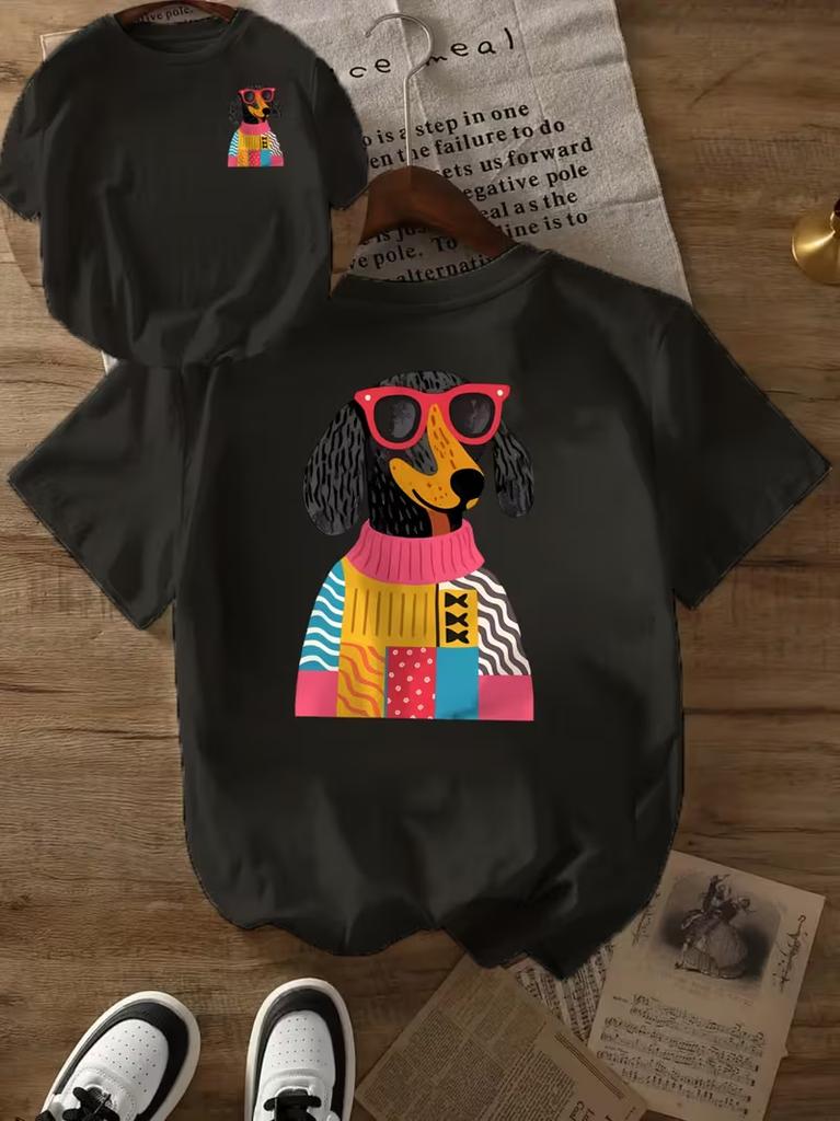 Casual Tops Tshirt With Dachshund Sweater And Glasses Doublesided Vibrant Design Summer Daily Wear Unisex Crew Neck Top