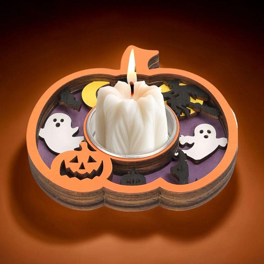 Multi-layered Pumpkin Ghost Candlestick 3D Wooden Candle Stands  Halloween Home Decor