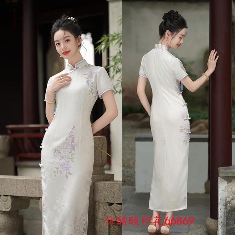 Chinese Style Imitation Acetic Acid Printing Cheongsam Summer New Retro Style Chinese Style Plain and Elegant Young Women Cheongsam Skirt
