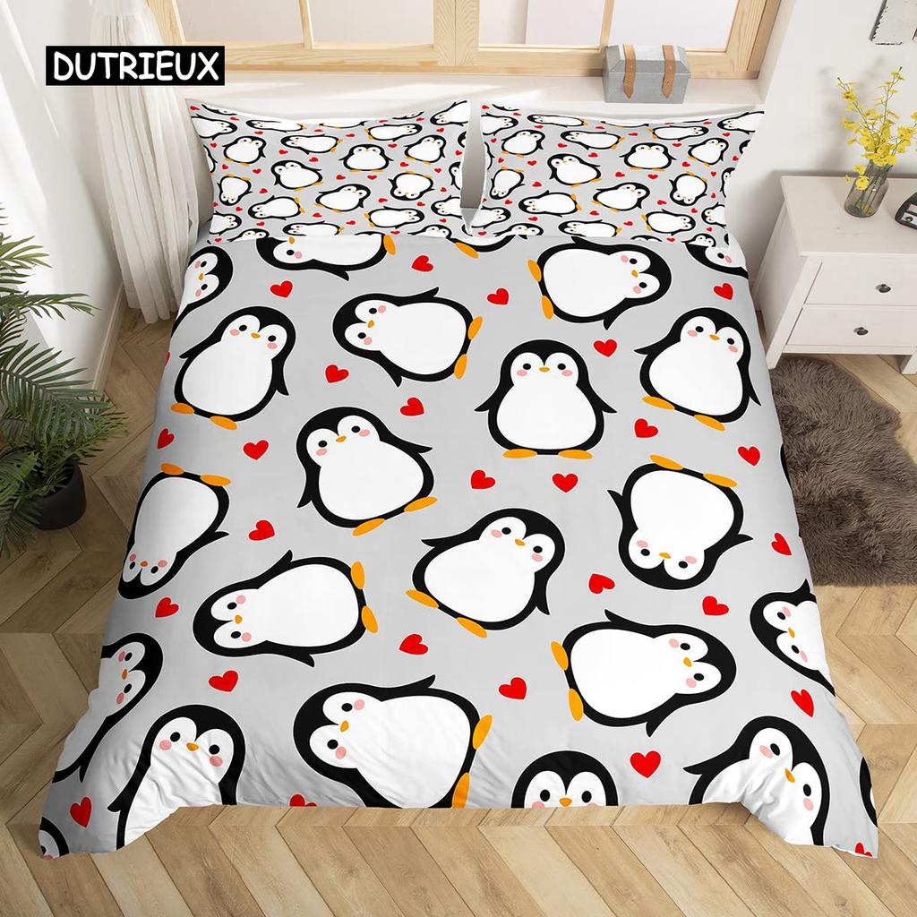 Penguin Comforter Cover Package Queen Dimension Size Sweet Animal Design for Kids Teens Bed Ensemble Sweet Penguin Animal Design Cozy Quilt Cover