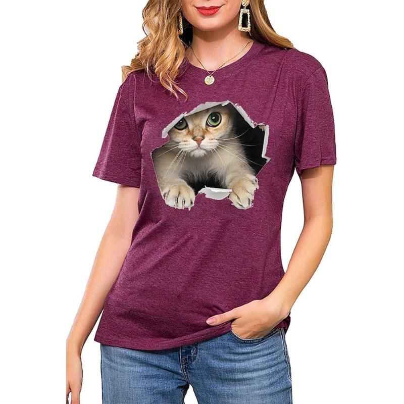 Ladies' V-neck T-shirt 3D Digital Printing Cute Cat Fashion Short Sleeved Casual Breathable Quick Drying Clothes