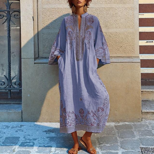 Boho Stil V-Ausschnitt Lässiges Kurzarm Maxikleid mit Print Lockerer Schnitt Leichtes Sommerkleid für Damen