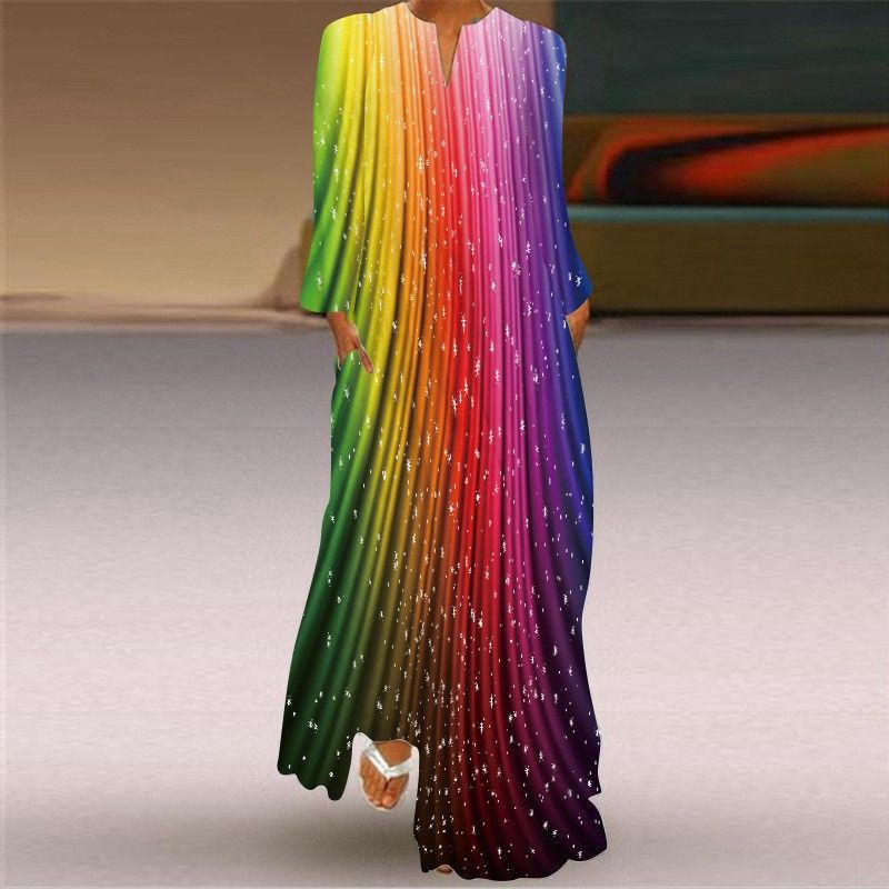 New Chinese Style Chinese Style Skirt Elegant Sexy Long Sleeves 3D Print Long Skirt Loose Plus Size Women's Clothing Long Dress
