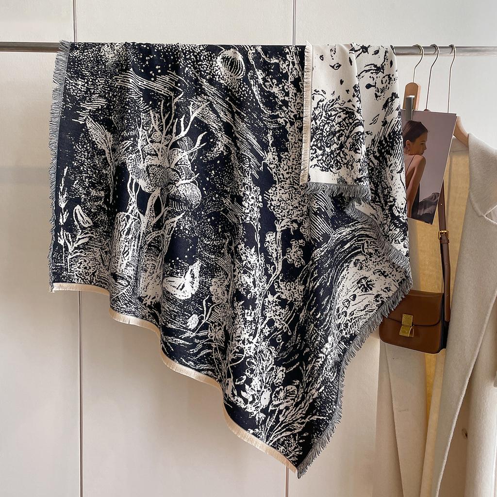 Korean Version Scarf Women'S Versatile Double-Sided Fringed Imitation Cashmere Shawl Fashion Flower Thickened Warm Scarf