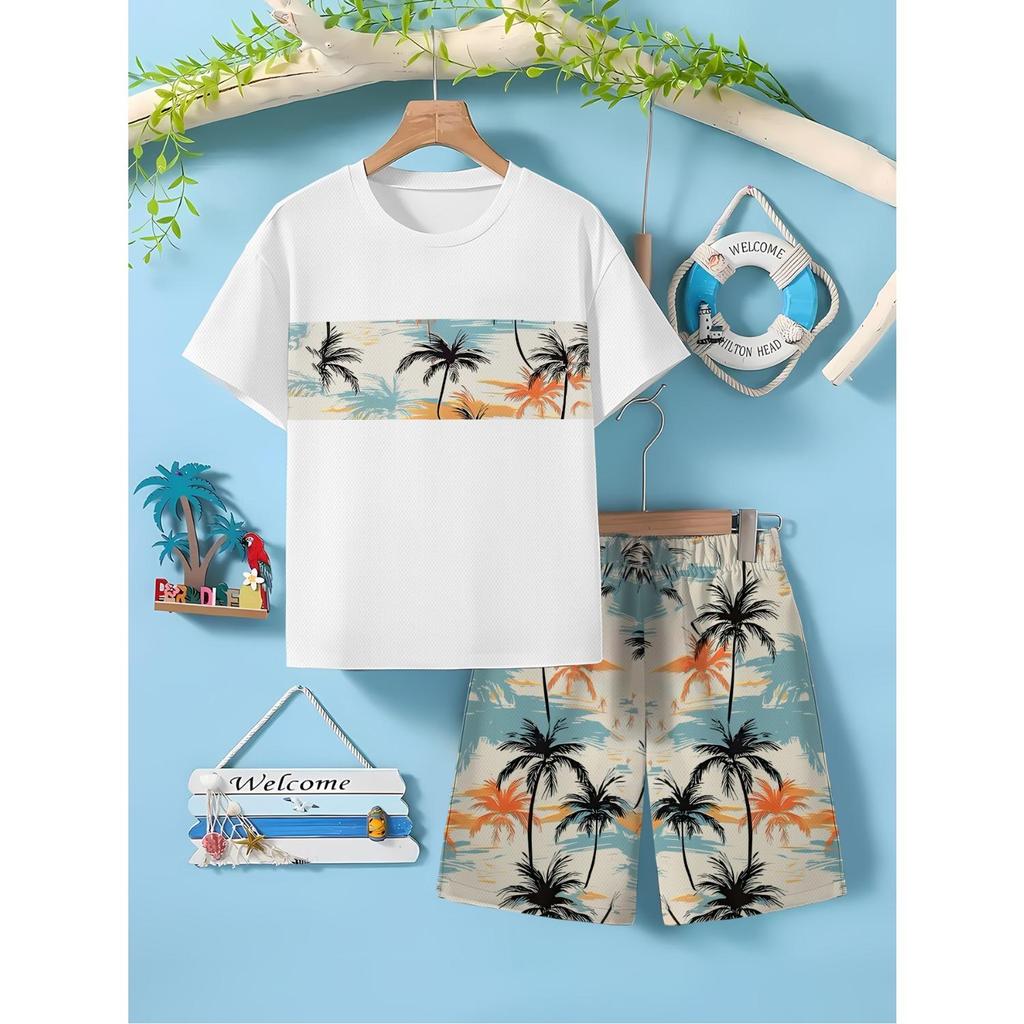 3D printed boys' short sleeved shorts set, versatile and fashionable casual set for spring and autumn