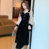 Abito da donna a tubino finto due pezzi stile coreano-francese, snellente, elegante, a maniche lunghe, patchwork, un pezzo