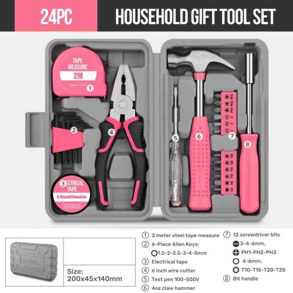 Durable Pink/Yellow DIY Tool Kit Household Compact Hand Tool Kit Metal Toolbox Home Use