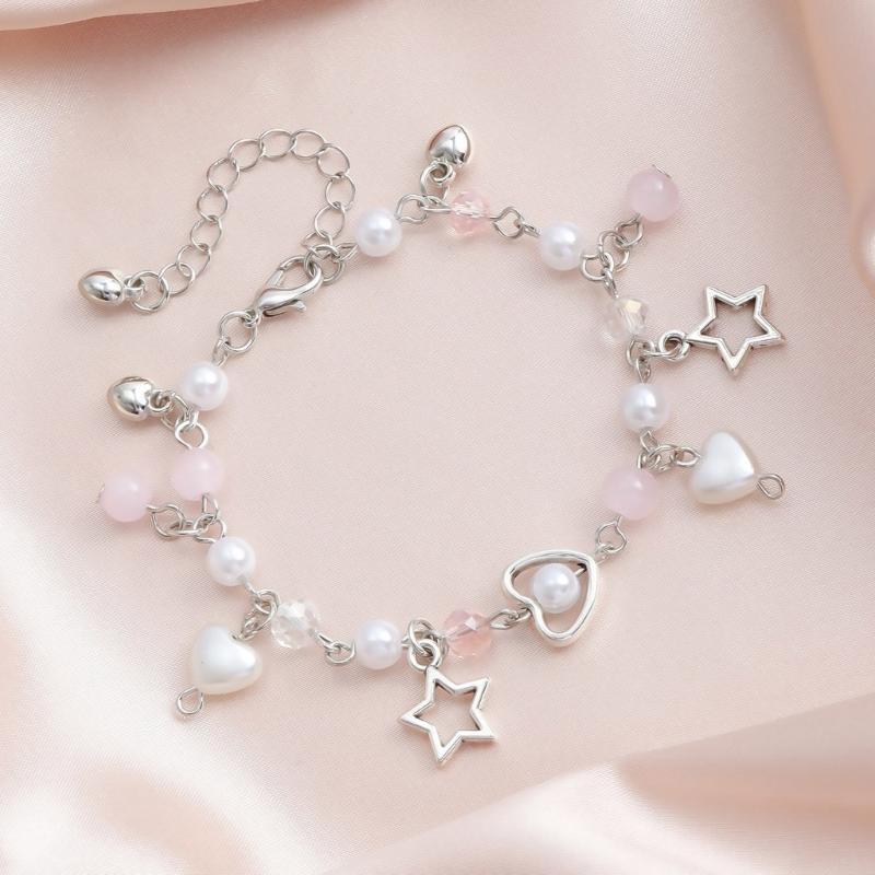 Handcrafted Beaded Bracelet with Heart Star Wing Pendant Wristband Pearls Bowknot Bracelet Adjustable Chain Jewelry Gift