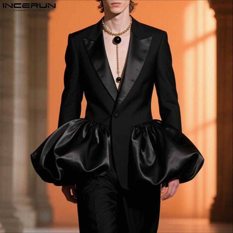 INCERUN Elegant Men Long Sleeve Ruffled Patchwork Thin Party Blazer Coats