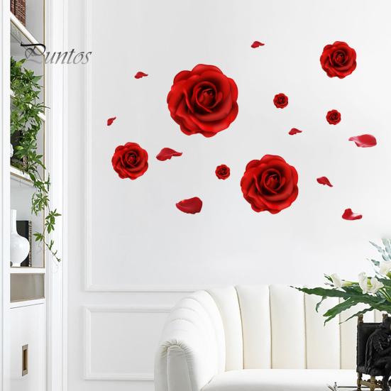 Easy Peel And Stick Wallpaper Romantic 3D Rose Flower Wall Stickers, Waterproof PVC Decal, Large Red Mural Art Decor, Decals for Home Living