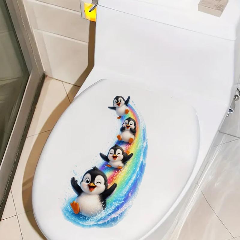 Self-Adhesive Waterproof Cute Penguin Toilet Lid Sticker 1PCS Removable Decor for Home Bathroom DIY Decoration Project