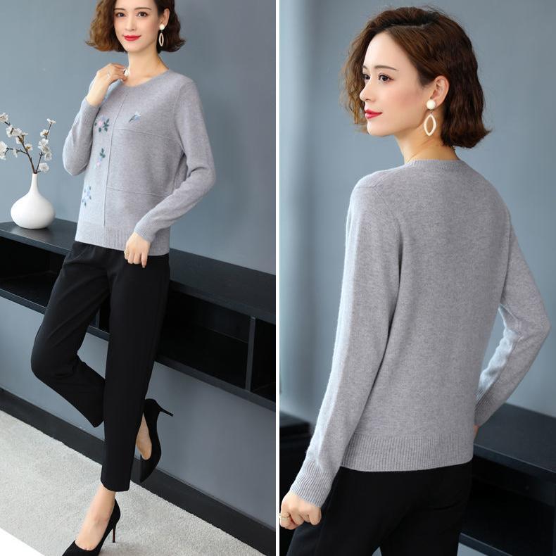 Women's Crewneck Sweater Embroidered Loose Plus Size Knitwear Pullover Stretch Knit Top Jumper Spring Autumn
