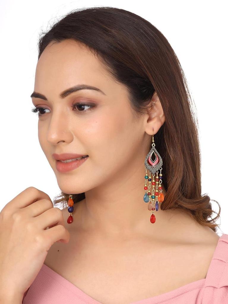 Women and Girls Fashion Dangler Earrings | Gold Plated Long Beaded Tassel Earrings Bohemia Dangler Earrings