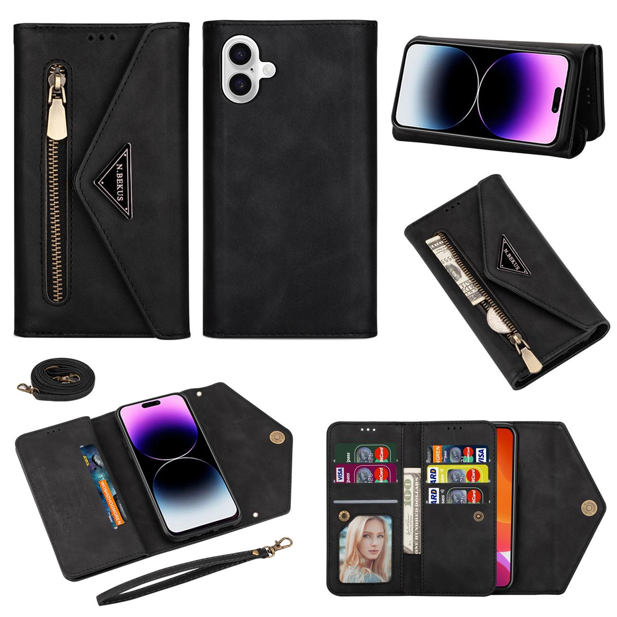 

N.BEKUS For iPhone 16 Cases Skin-Touch Leather Wallet Phone Cover with Straps Black