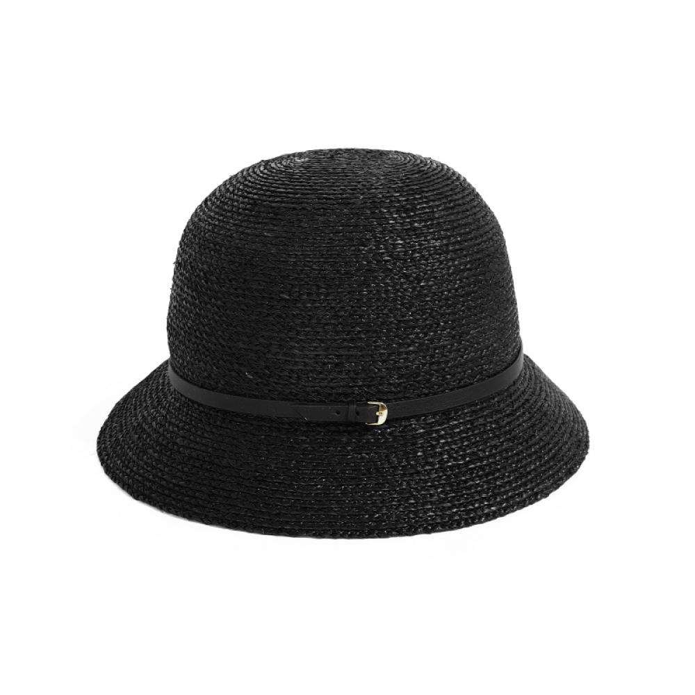 Helen Kaminski Hat50172 Cabk Vesa 6 Charcoal Black Leather Trim Cloche Bucket Hat