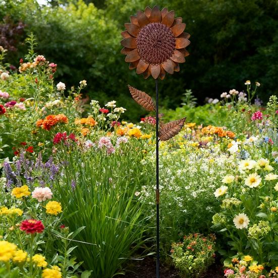 Decorazione Solare Girasole in Metallo Paletto da Giardino, Scultura Floreale Ruggine Retrò, Paletti Decorativi Rustici Ornamento per Decorazione Esterna Patio Prato Piante