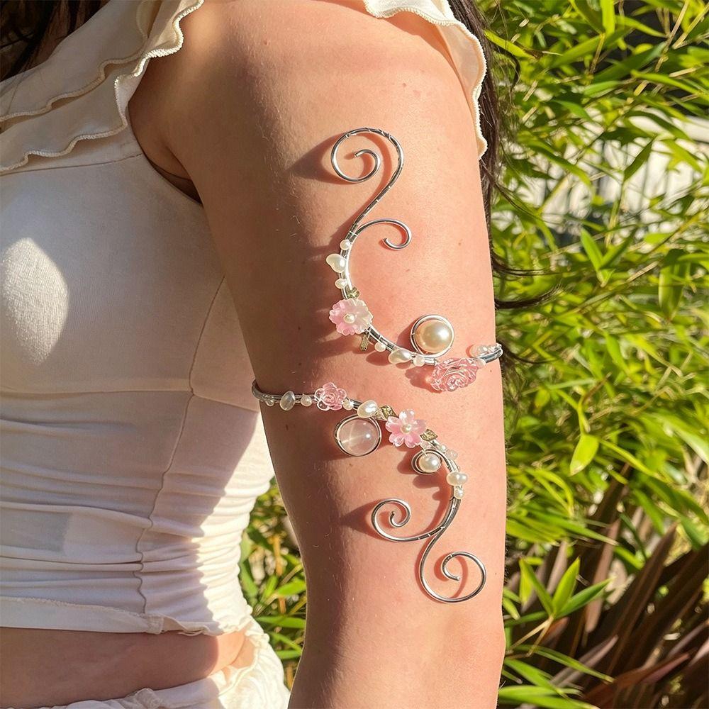 Adjustable Hollow Out Arm Band Pearl Upper Arm Bracelet Retro Metal Armlet  Party