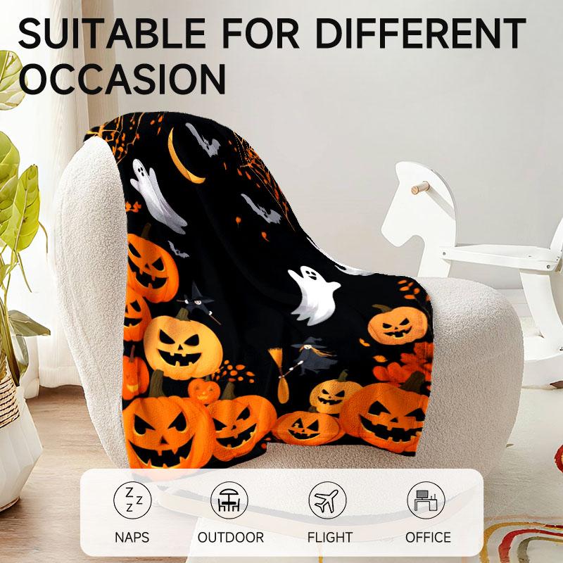 1 piece Halloween-themed black flannel blanket with orange pumpkins and ghosts, soft for sofa, bed, office, all-season use.