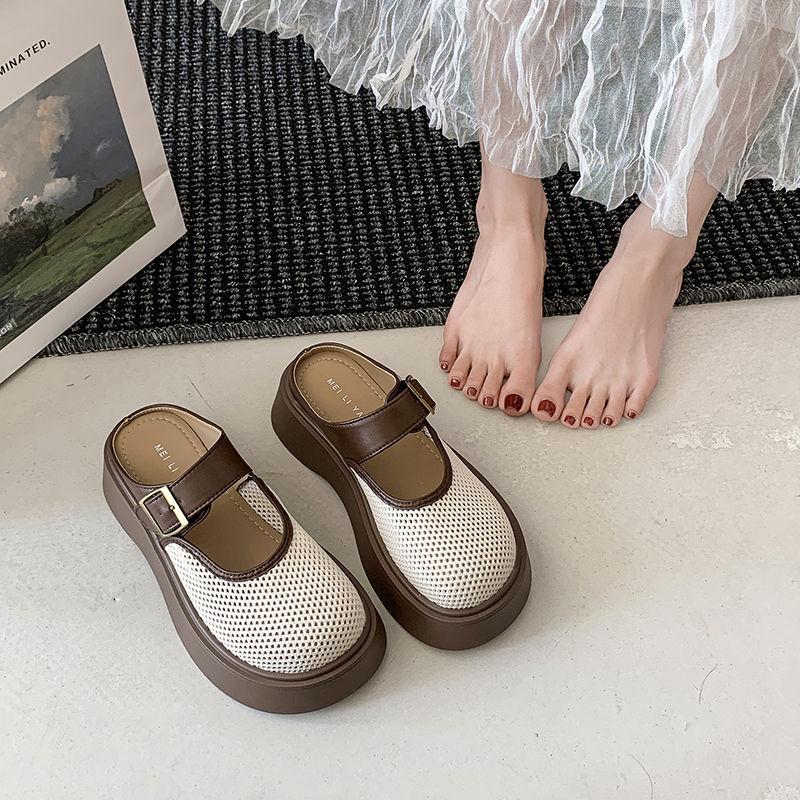 Hollow Mesh Half Slippers Women's Outer Wear 2025 New Summer Fashion Mary Jane Single Shoes Platform Muffin Hole Shoes