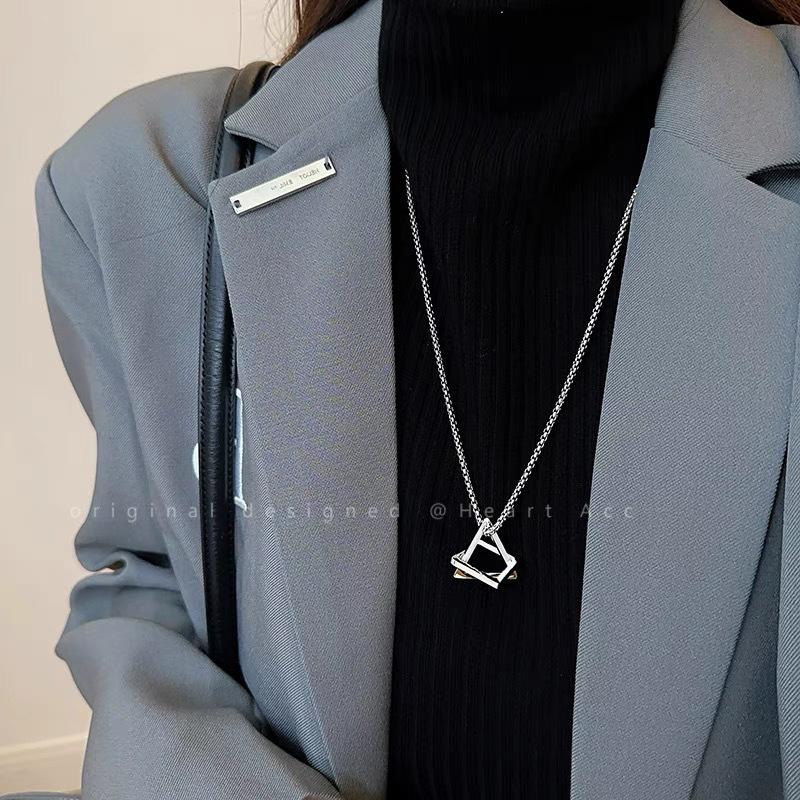 Silver titanium steel triangular long pendant necklace women's hip-hop versatile sweater chain accessories trendy brand non-fading sweater chain