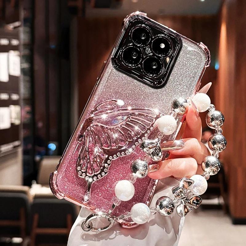 

Shockproof Plating Glitter Butterfly Bracket Bracelet Case for Samsung A52 A17 A07 A53 A32 A13 A23 A33 A73 A12 A03S Soft Cover Galaxy A17 5G