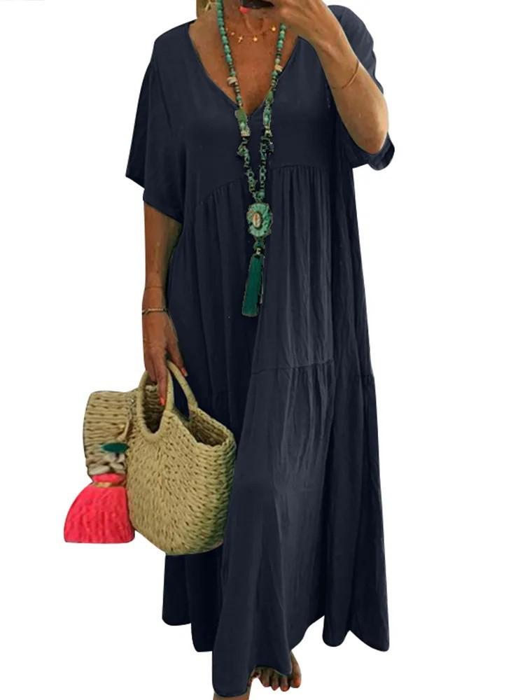 New V-Neck Irregular Multicolor Long Swing Dress - Available in Multiple Sizes