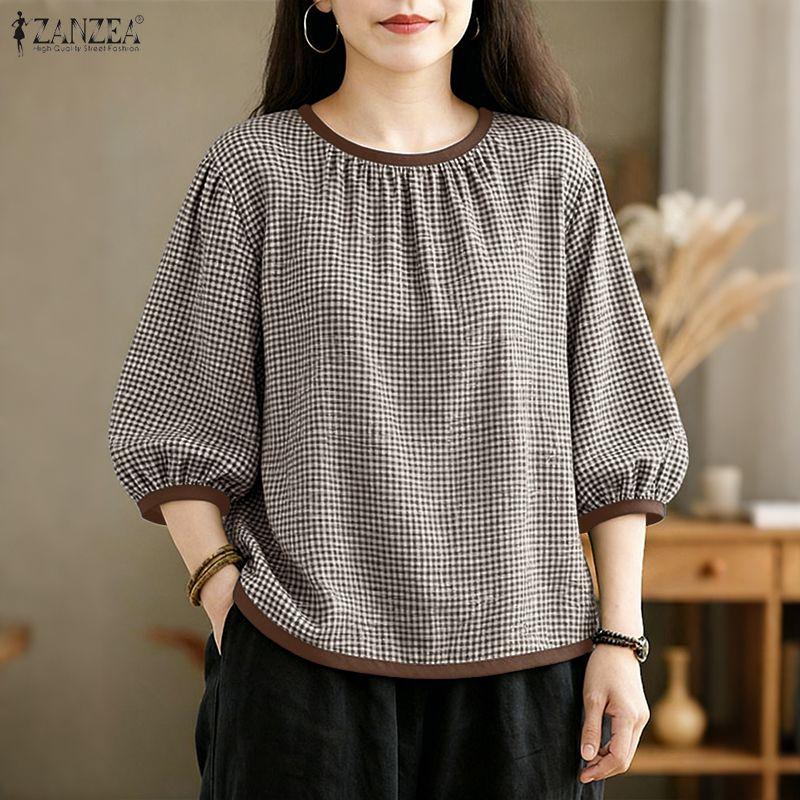 ZANZEA Women Casual Round Neck 3/4 Sleeve Grid Print Loose Blouse