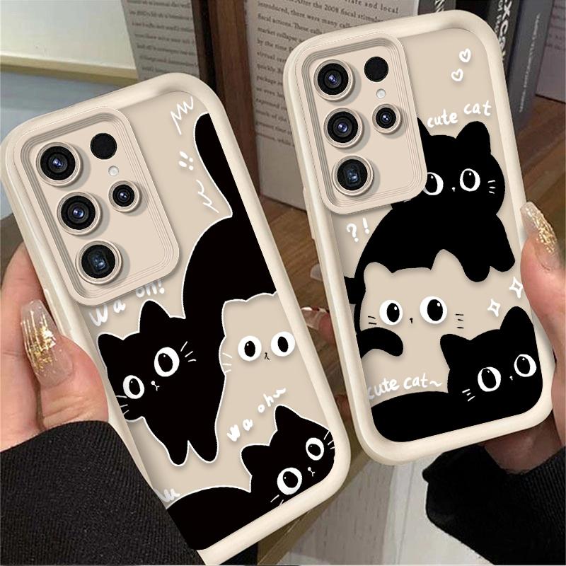 Cute Big Eyed Black Cat Phone Case for Samsung Galaxy S24 S25 S23 Ultra S22 S21 Plus FE A36 A56 A26 A16 A06 A15 A25 A35 A55 5G