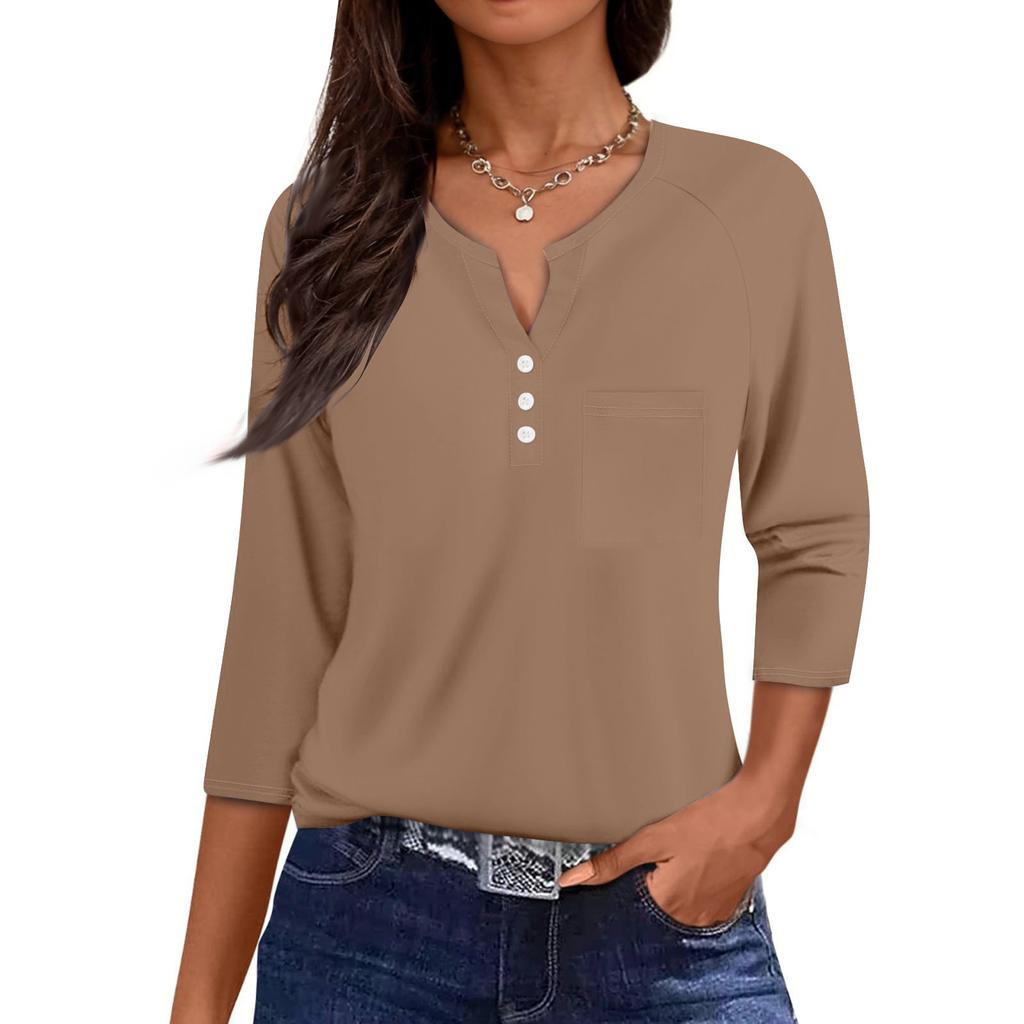 Ladies Casual Fashion V-neck Loose Versatile Color Printed Three-quarter Sleeves
