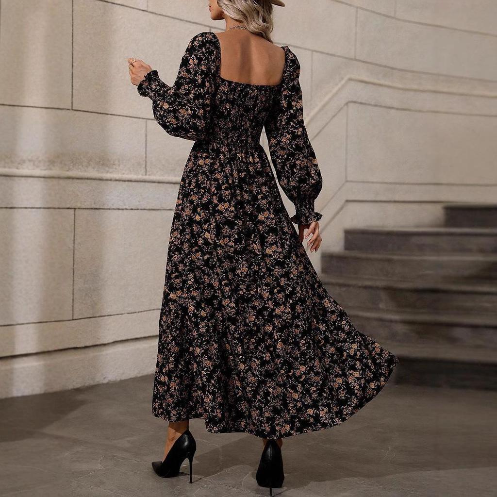 Abito Maxi a Maniche Lunghe con Scollo Quadrato e Stampa Floreale, Elegante Abito Estivo A-Line da Donna con Orlo a Volant
