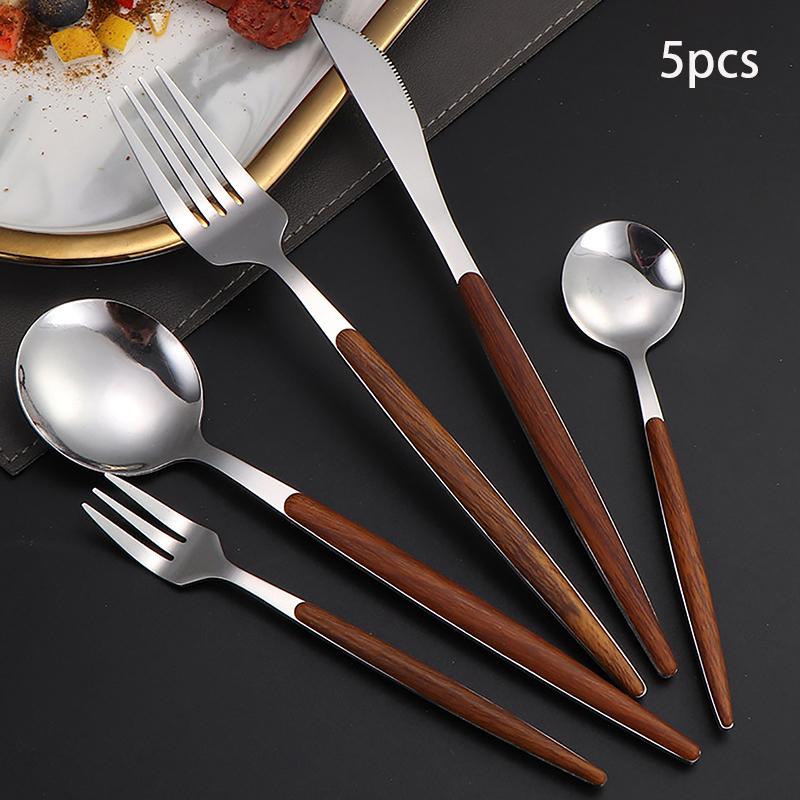 

Набор столовых приборов из 5 предметов с имитацией деревянной ручки, золотого и серебряного цветов, нож из нержавеющей стали, вилка, ложка, столовая посуда, кухонная посуда для десерта серебряный