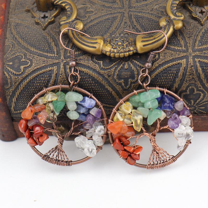 Handmade Vintage Wire-Wrapped Natural Stone Crystal Tree of Life Earrings E19