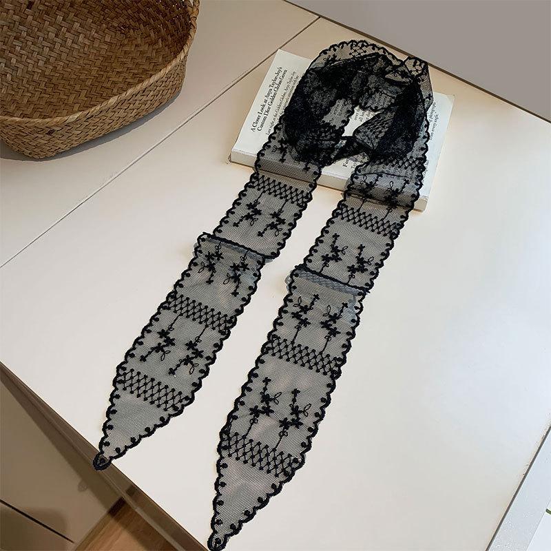 Pure desire white lace lace silk scarf female retro slender strip streamer stacked wearing versatile decorative neck scarf ribbon 160*7cm чёрный