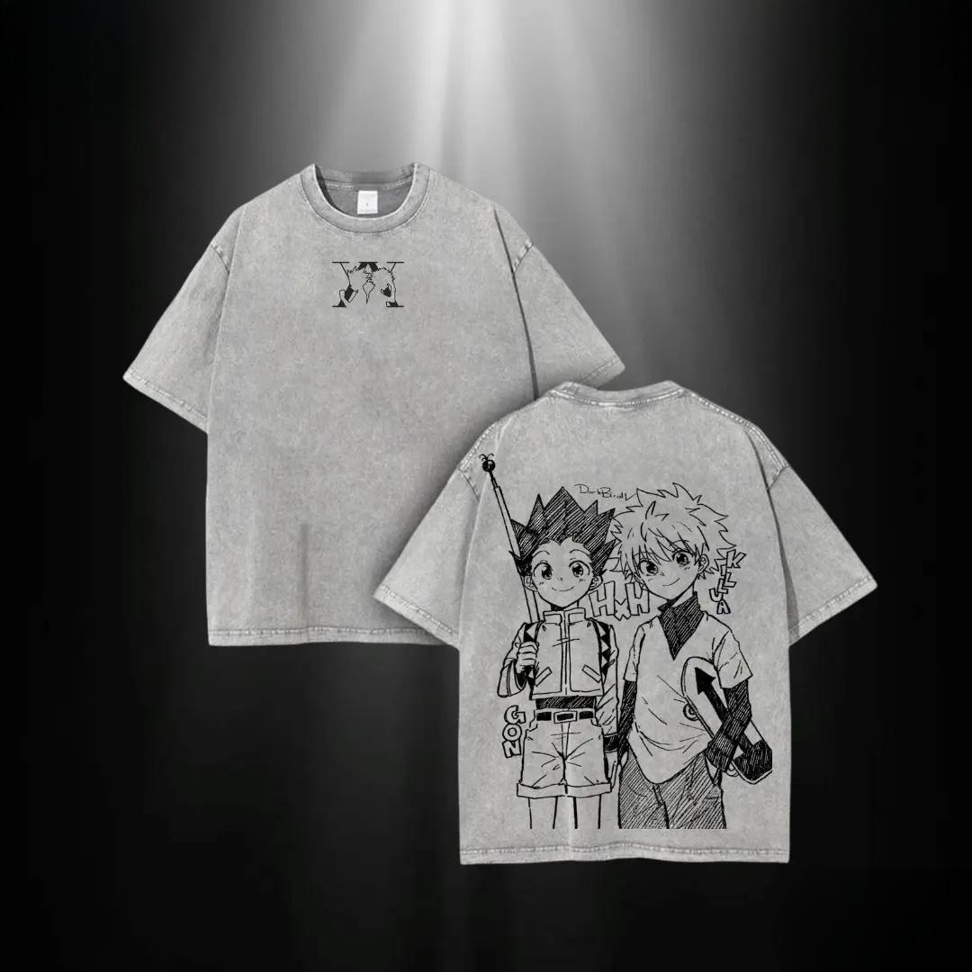 Harajuku HUNTER×HUNTER T-shirt GON Killua Printed Washed Oversized T Shirt Men Clothing Summer Short Sleeve Cotton Tees Tops S серый