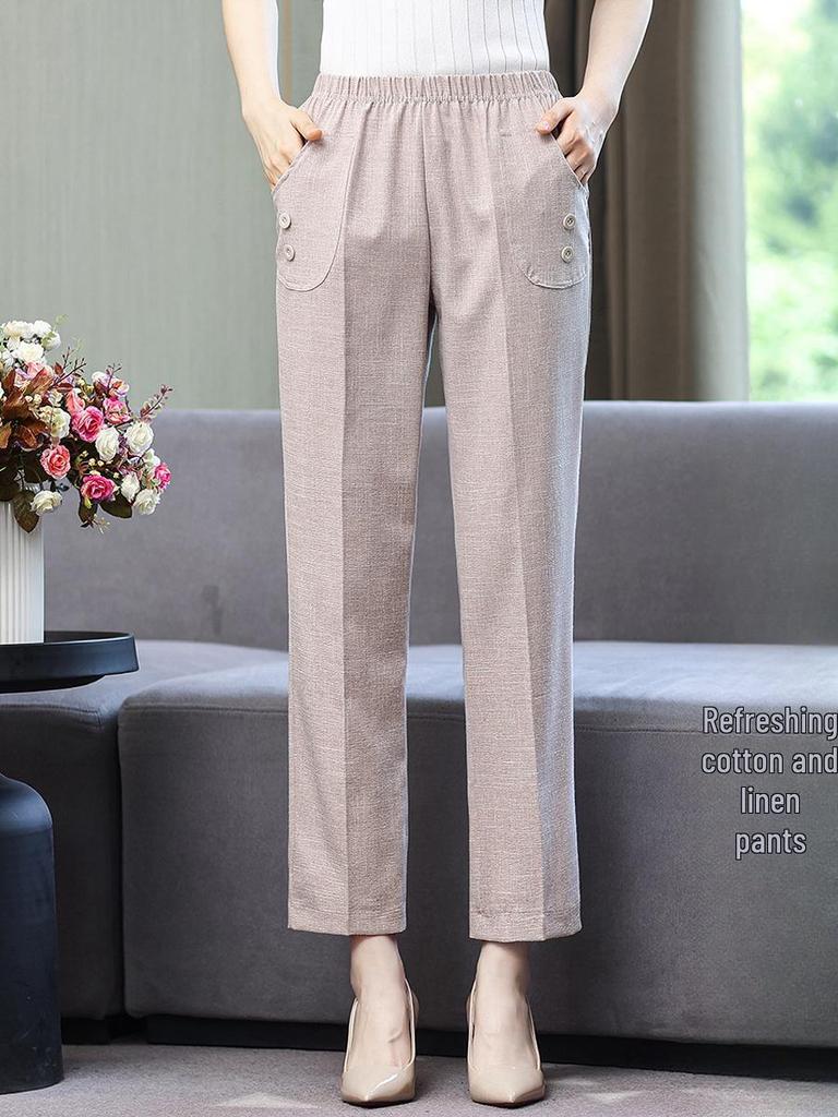 Women's High-Waist Cotton-Linen Summer Pants: Stylish, Elastic, Straight Fit for Middle-Aged and Elderly